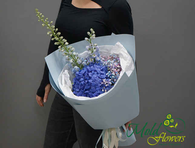 Buchet cu hortensie albastra si gypsophila color foto